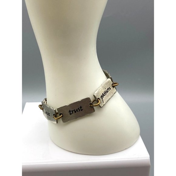 Vintage Two Tone Words Bracelet, Silver Tone and Brass Power Words Link Bangle - Picture 3 of 7